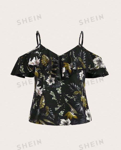 SHEIN Frenchy Women's Off Shoulder Vacation Blouse With Plant Print Summer Blouse Cottagecore Wedding Season SKU: sz2311239995903833