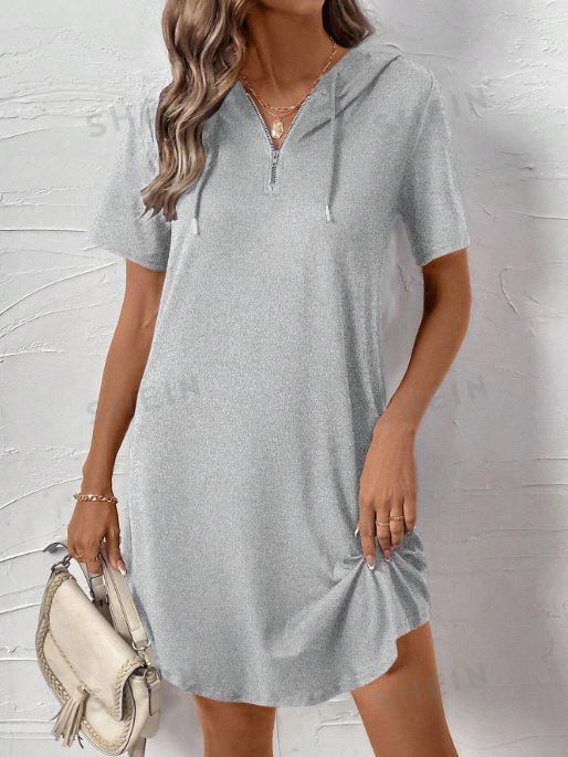 SHEIN LUNE Women's Summer Solid Color Batwing Short Sleeve Half-Zip Hooded Casual Dress SKU: sz2407080793085550