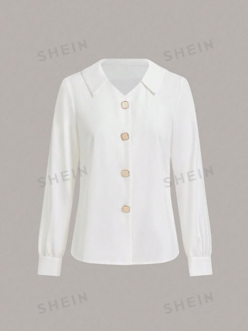 SHEIN MOD Ladies' Long Sleeve Turndown Collar Solid Color Button Front Blouse SKU: sz2407230171192226