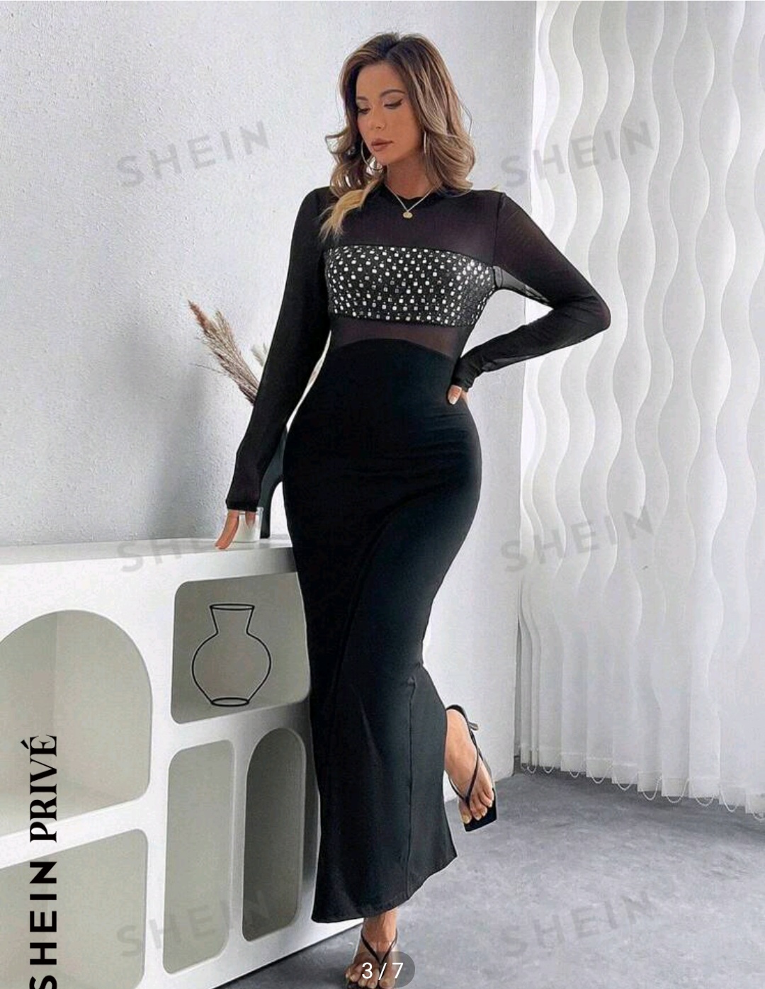 SHEIN Privé Solid Color Mesh Stand Collar + Foil Fabric Bodycon Split Hem Dress