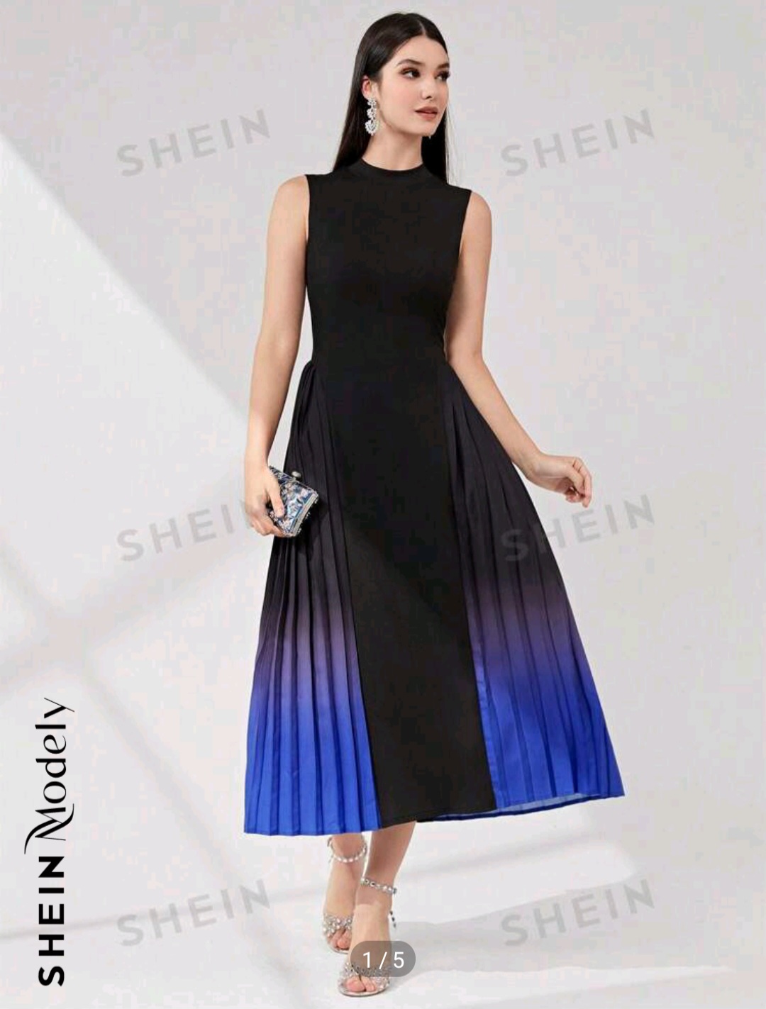 Платье SHEIN Modely Ombre Pleated Hem Mock Neck Dress