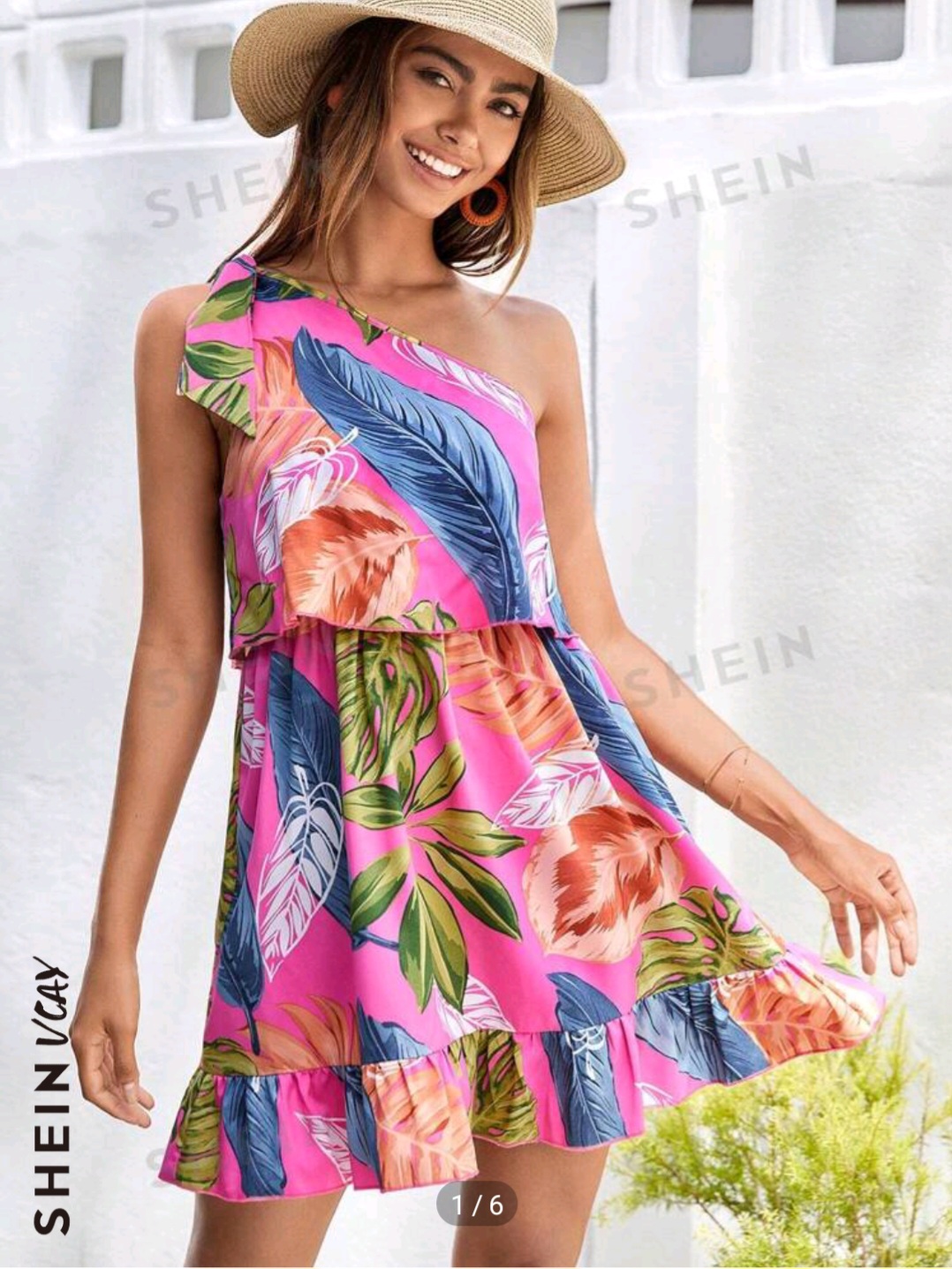 SHEIN VCAY Tropical Print One Shoulder Ruffle Hem Dress