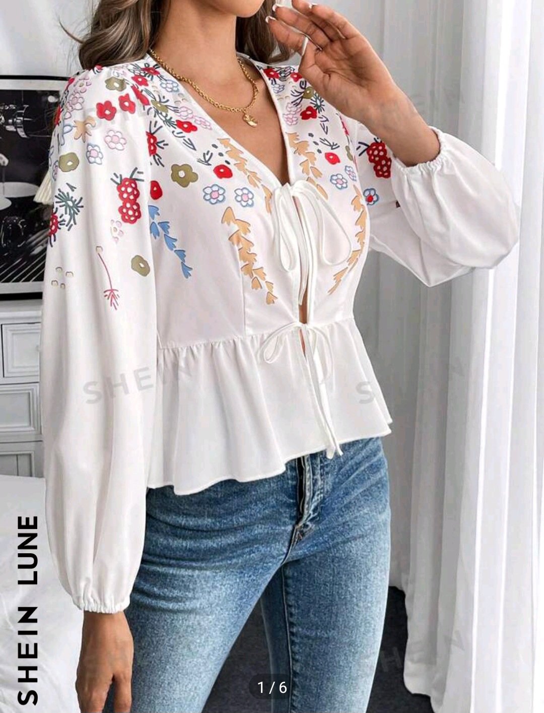 SHEIN LUNE V-Neck Tie Front Floral Print Ruffle Hem Long Sleeve Blouse