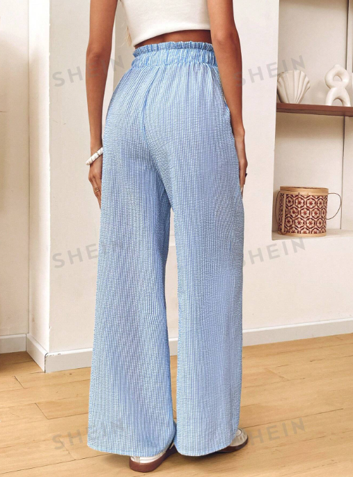 SHEIN VCAY Women Ruffled Elastic Waist Casual Striped Wide Leg Vacation Pants,Colorblock Blue & White Striped Pants Back To School For Daily Wear,Fall Outfits,Commute,Minimalist,Office,Old Money,Simple,Teacher Clothes SKU: sz2408095921731863