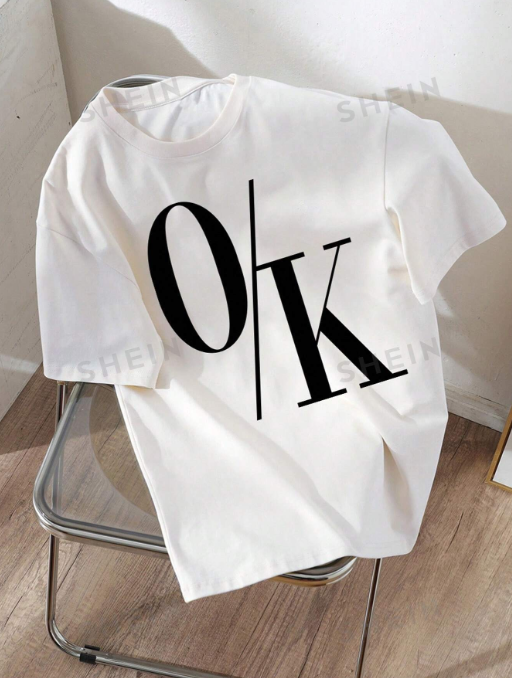 SHEIN EZwear Casual Letter Printed Oversized Women T-Shirt, Round Neck Short Sleeve, Summer OK SKU: sz2401165861454699