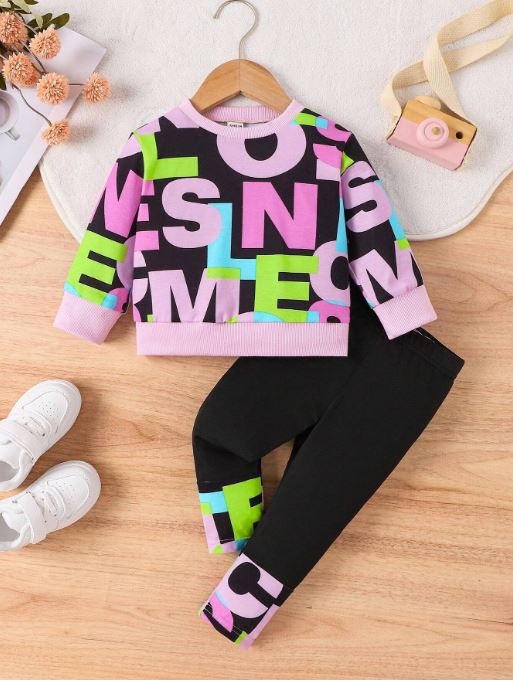 SHEIN Streecool Kids Baby Girl Colorful Letter Printed Fun Cool Sweatshirt And Pants Set, Autumn/Winter SKU: sa2401037466177911