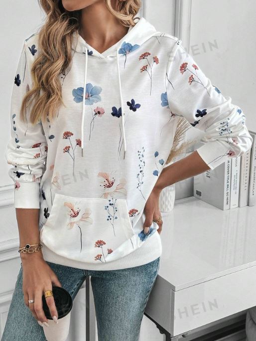 SHEIN LUNE Floral Print White Hooded Sweatshirt SKU: sz2406145879313731