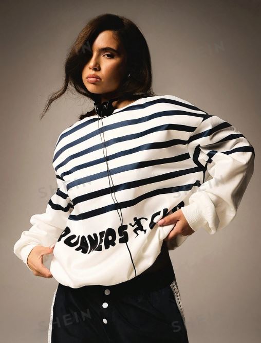 Athîral Women's Casual Striped Letter Print Round Neck Drop Shoulder Long Sleeve Sweatshirt, Fall & Winter,Letter Print For Ball Game,Sport Soccer SKU: sz2408063947595884