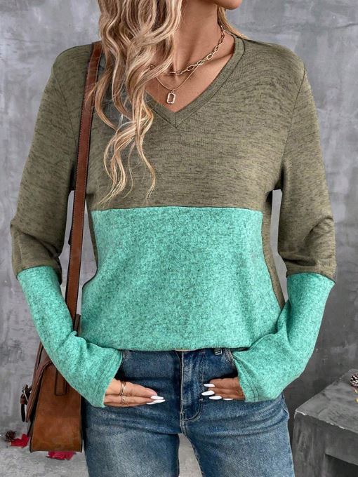 SHEIN LUNE Women V-Neck Long Sleeve Solid Color Patchwork Casual Blouse SKU: sz2406228355353597