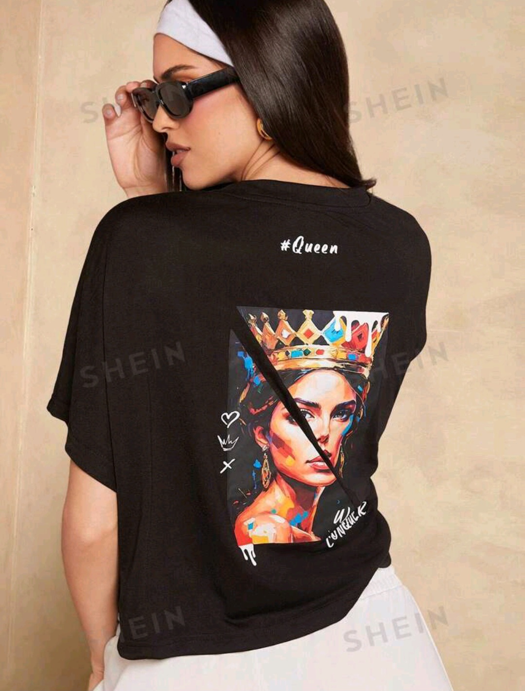 SHEIN Haute Women's Summer Crown & Letters Printed Round Neck Batwing Sleeve Baggy T-Shirt