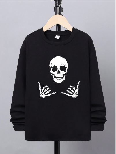 SHEIN Teen Boy Casual Skull Pattern Long Sleeve T-Shirt, Suitable For Autumn SKU: sk2310106199209390