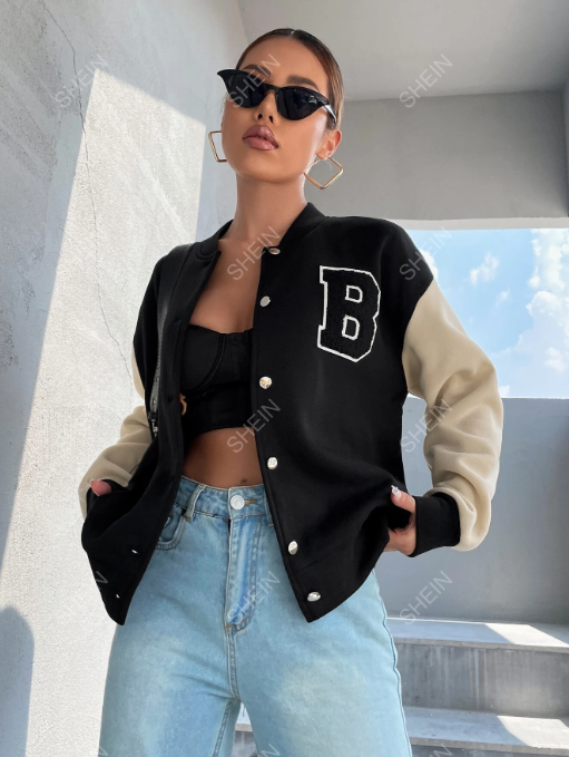 SHEIN MOOSTA Letter Patch Detail Drop Shoulder Two Tone Varsity Jacket,Ladies Spring/Fall Casual Button,Patched Drop Shoulder Baseball Collar Regular Fit Black Colorblock,Letter Women Jackets,Casual Daily Wear SKU: sw2108260865288521