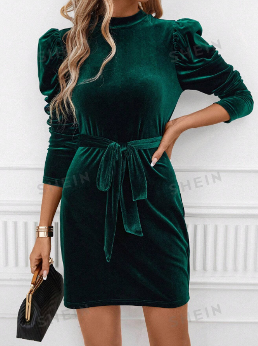 SHEIN Clasi Mock Neck Puff Sleeve Belted Velvet Dress SKU: sz2306193401613104