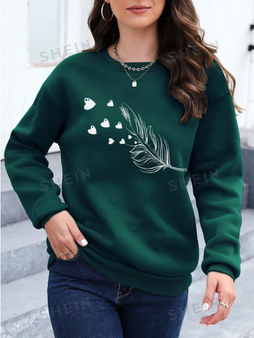 SHEIN Essnce Feather Print Drop Shoulder Sweatshirt SKU: sz2308301189990960