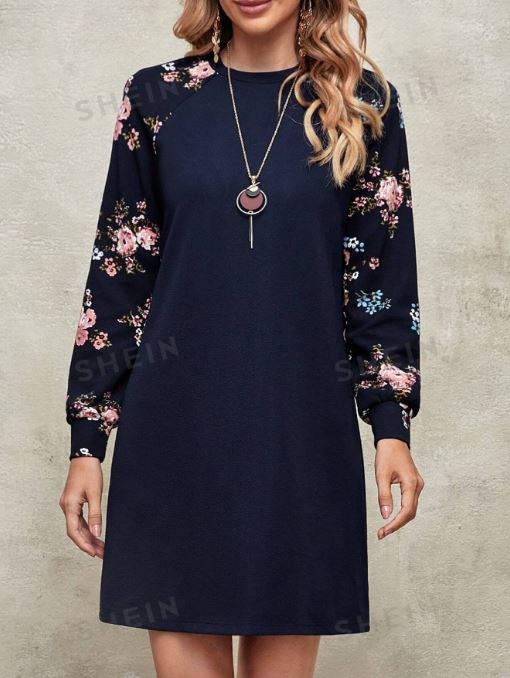 EMERY ROSE Floral Print Raglan Sleeve Dress SKU: sw2207063938333468