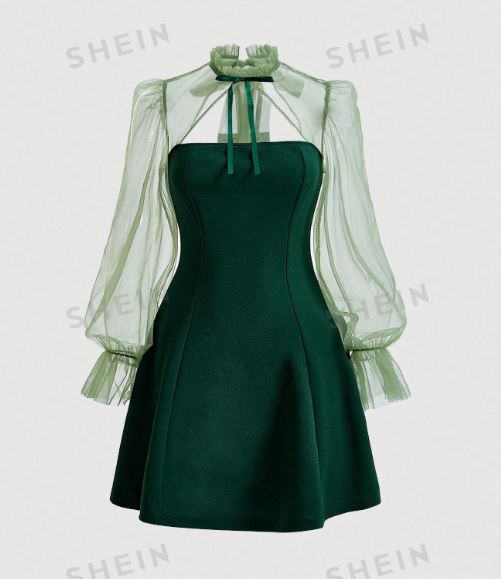 SHEIN MOD Ladies' Mesh Patchwork Sheath Green Princess Neck Tie Long Puff Sleeves Dress SKU: sz2305232987743143