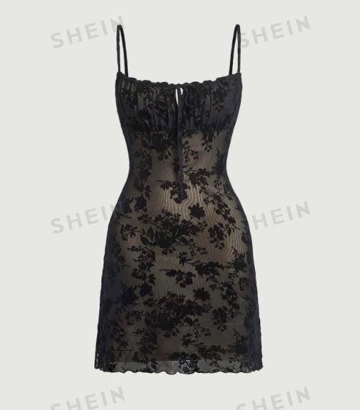 SHEIN MOD Black Date Night Romantic Floral Print Tie Front Cami Dress SKU: sw2211171199339576