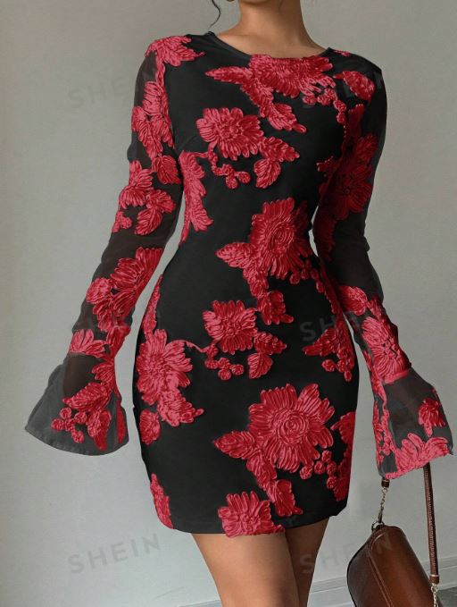 SHEIN Privé Women's Casual Floral Print Round Neck Bell Sleeve Cinched Waist Dress, Autumn SKU: sz2409030195574559