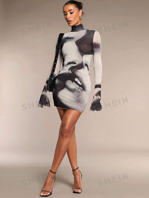 SHEIN BAE Women Figure Printed Turtleneck Long Sleeve Dress SKU: sz2406197297272043