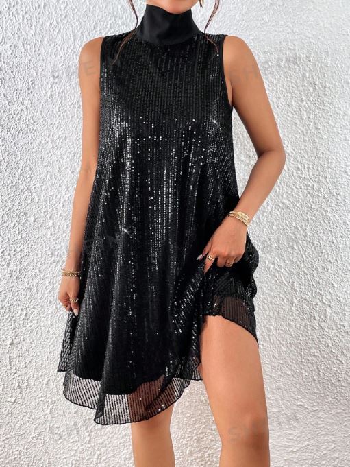 SHEIN Allurite High Neck Sequin Tank Dress SKU: sz2305116553172365