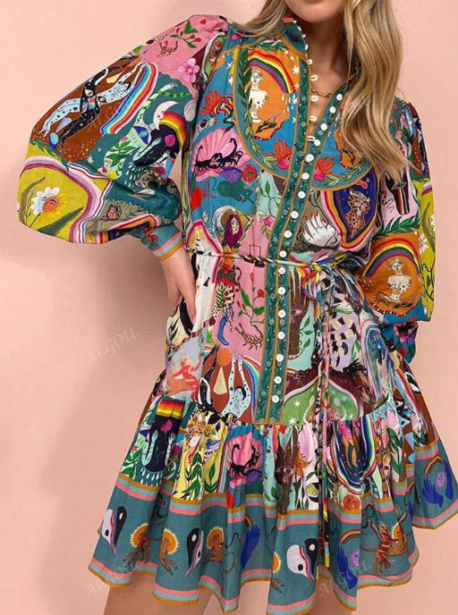 Vacation Casual Retro Printed Tied Long Sleeve Dress SKU: sz2407265408850103