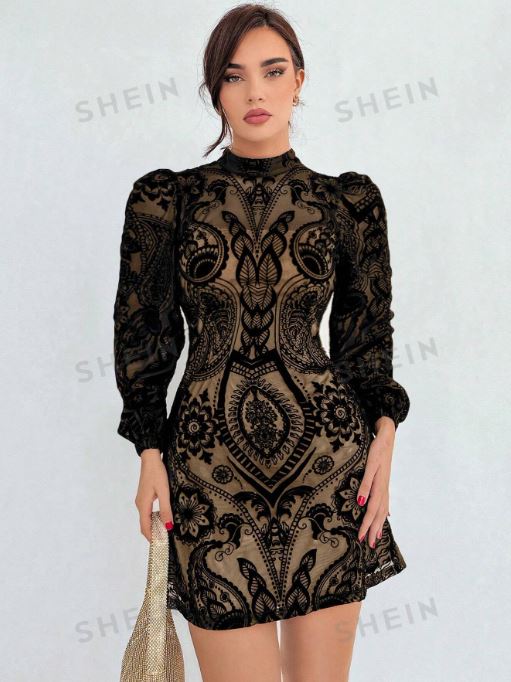 SHEIN Aloruh Plush High Waisted Elegant Puff Sleeve Dress SKU: sz2401063327727777