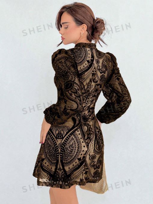 SHEIN Aloruh Plush High Waisted Elegant Puff Sleeve Dress SKU: sz2401063327727777