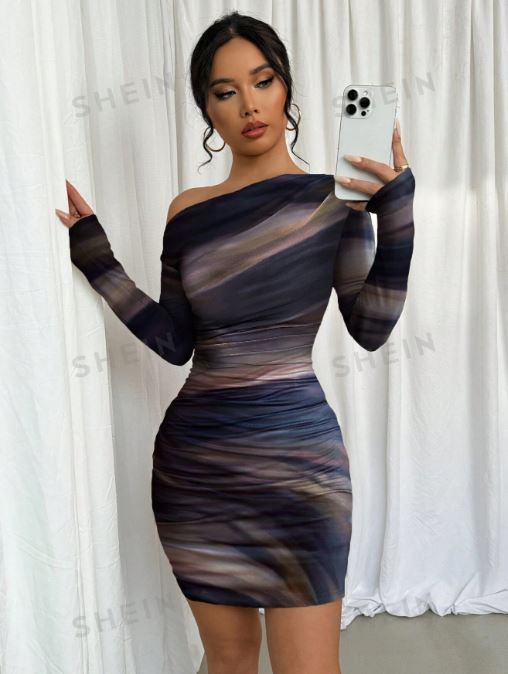 SHEIN Elenzya Tie Dye Print Ruched Asymmetrical Neck Long Sleeve Dress SKU: sz2408012221138218