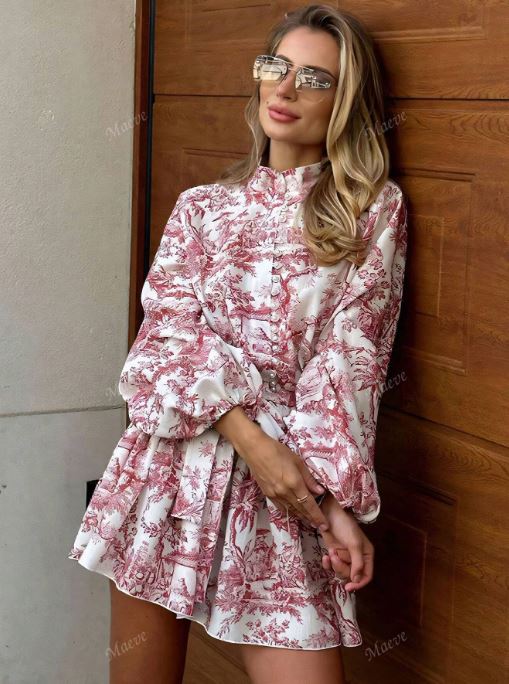 Elegant Long Sleeve Belted High Waist Random Print Dress SKU: sz2409065606360026