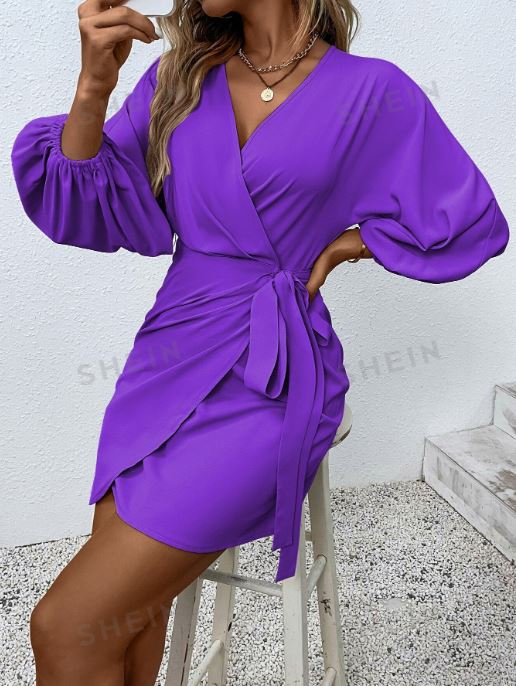 SHEIN Privé Surplice Neck Knot Wrap Dress SKU: sw2212275375536838