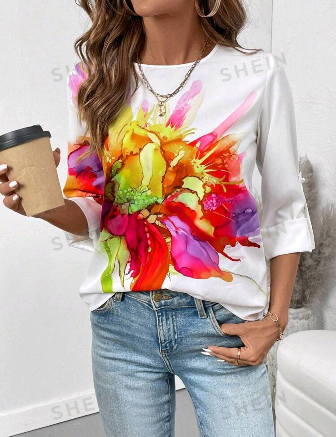 SHEIN LUNE Women's Floral Printed Round Neck Short Sleeve Casual Blouse