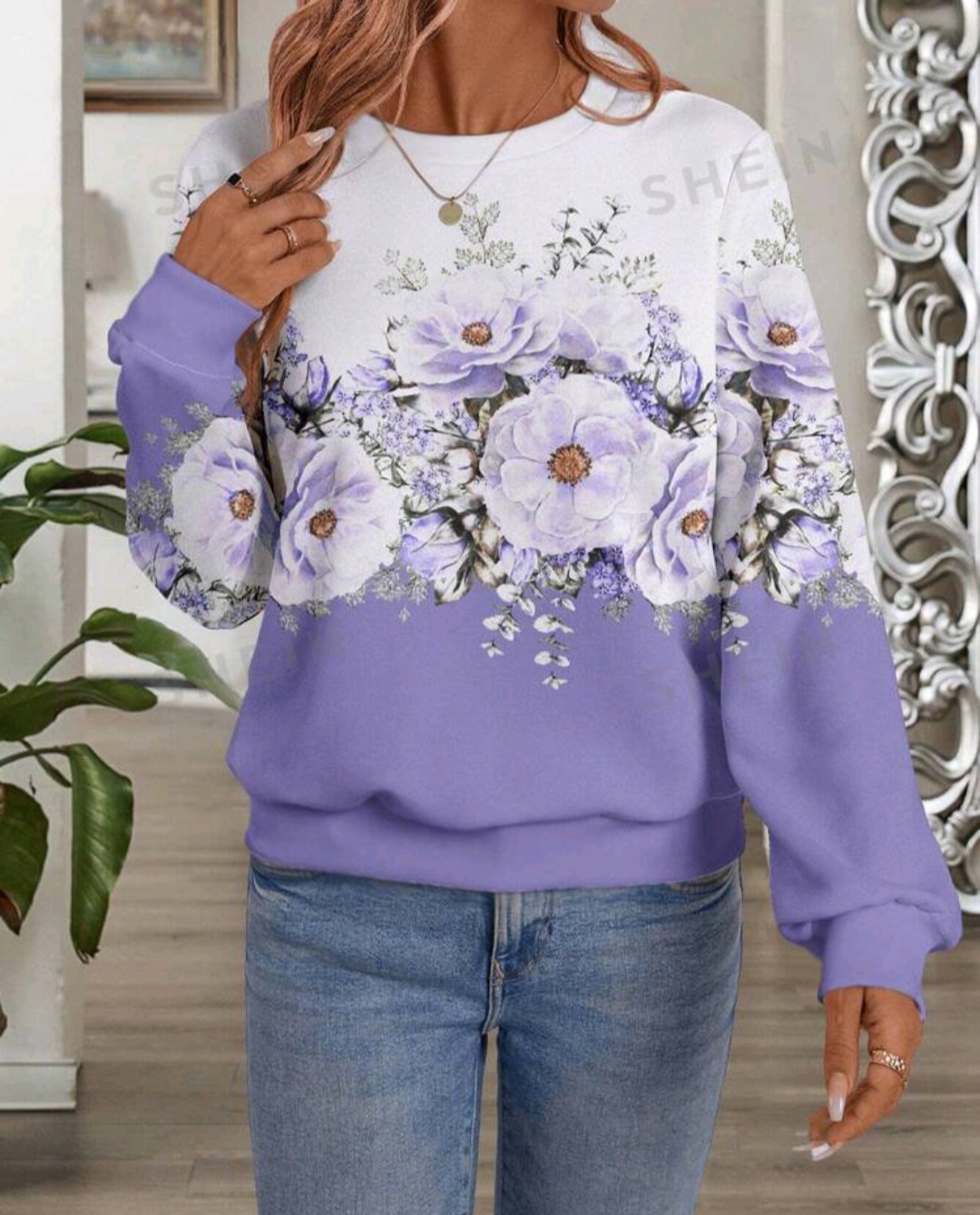 EMERY ROSE 1pc Women Casual Minimalist Water Drop & Floral Graphic Pattern Round Neck Loose Fit Sweatshirt, Suitable For Autumn & Winter