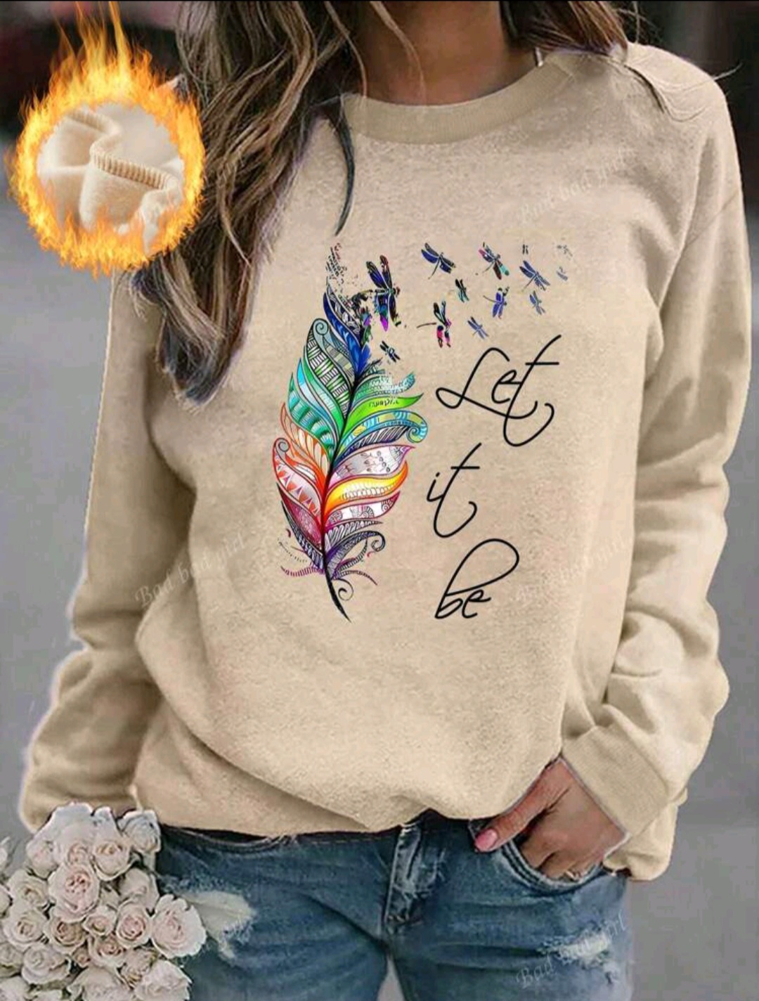 Let It Be Design Letter & Feather Printed Women'S Casual Simple Round Neck Sweatshirt