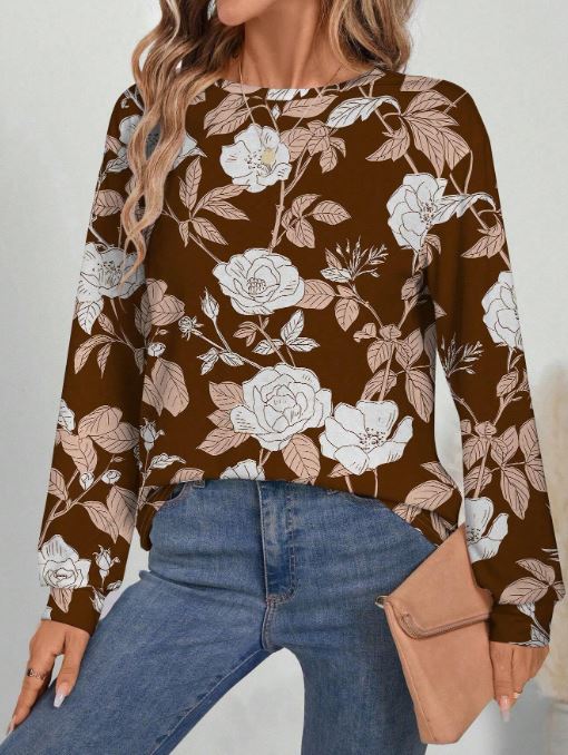 Whitebread 1pc Women Floral Print Drop Shoulder Loose Long Sleeve T-Shirt, Spring/Autumn, For Thanksgiving Designed by  Whitebread @whitebreadpattern SKU: sz2409263352029492