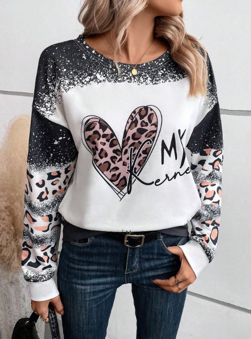 SHEIN LUNE Leopard & Heart Print Drop Shoulder Sweatshirt SKU: sz2305197404334547