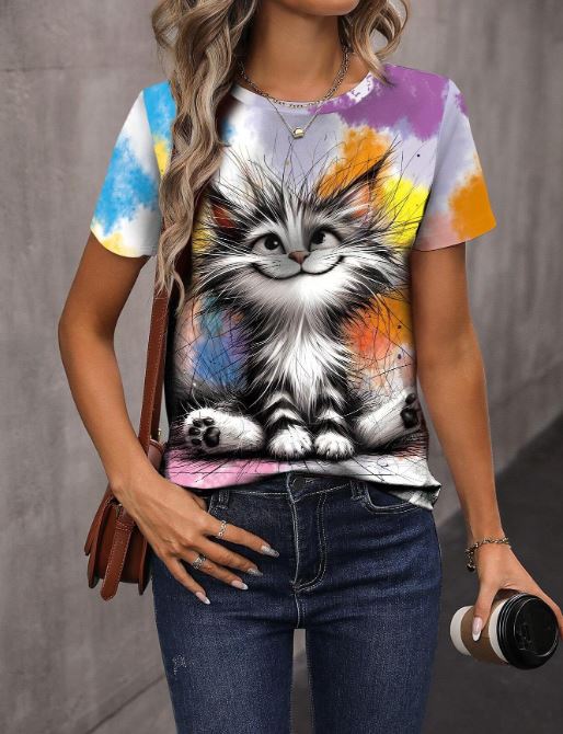 SHEIN LUNE Cat Graphic Print Casual Short Sleeve T-Shirt For Women SKU: sz2408054075401497