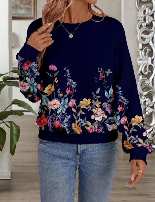 EMERY ROSE Casual Floral & Plant Pattern Crew Neck Long Sleeve Loose Fit Women Sweatshirt, Suitable For Autumn And Winter SKU: sz2408140053815577