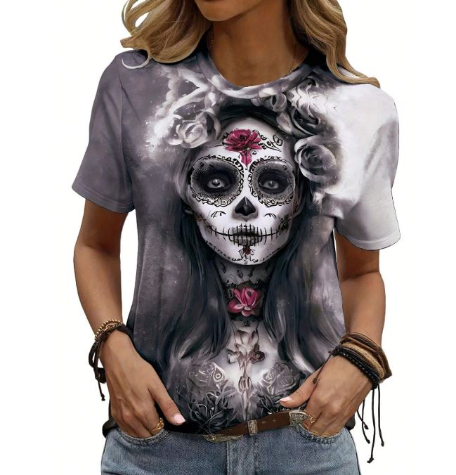 SHEIN LUNE Women's Halloween Skeleton Bride Tie-Dye Tie Dye Print T-Shirt SKU: sz2408121714500452