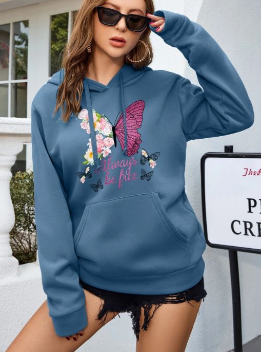 SHEIN Essnce Butterfly & Letter Graphic Kangaroo Pocket Drawstring Thermal Hoodie SKU: sw2212051201678699