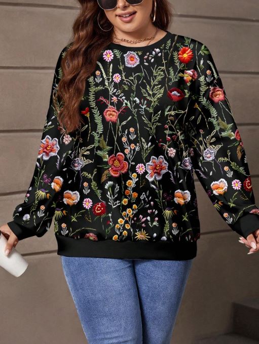 EMERY ROSE Casual Floral Embroidery Printed Round Neck Loose Fit Women Sweatshirt, Autumn/Winter SKU: sz2409233381517533