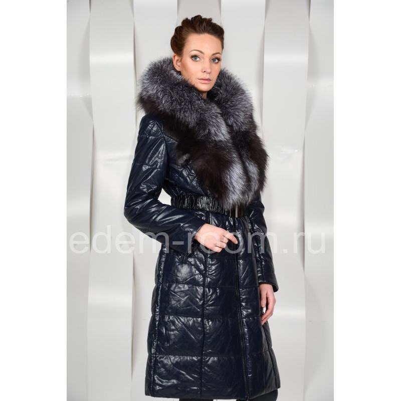Чёрное пальто из экокожи с чернобуркой  Артикул:EN-1648-CH