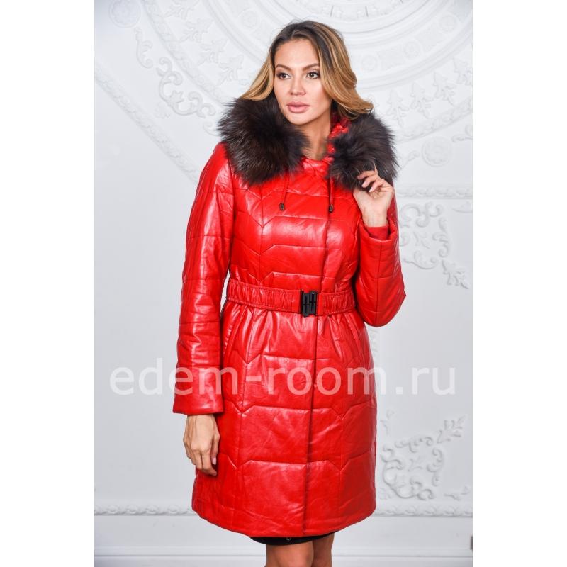 Красное зимнее пальто из эко-кожи  Артикул:R-517-R
