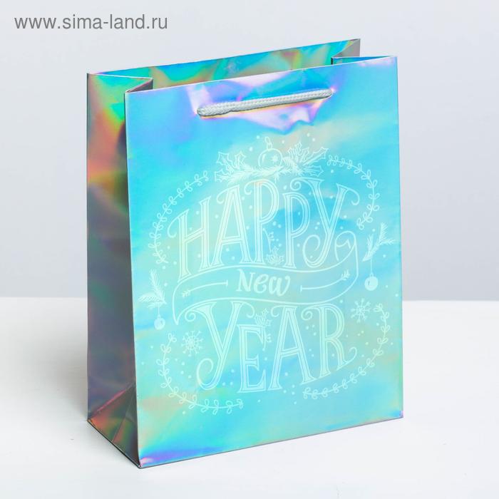 Пакет подарочный голография вертикальный Happy New Year, MS 18 x 23 × 8 см