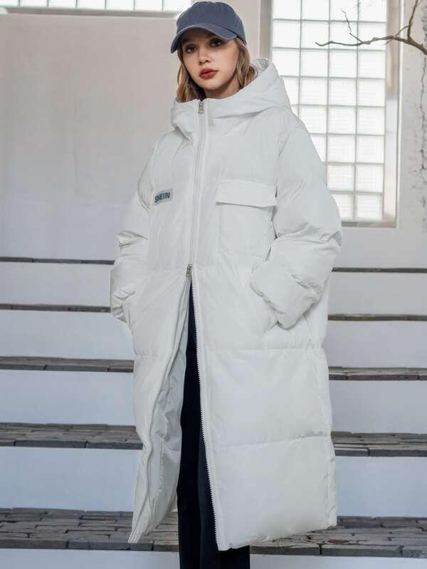 SHEIN COLDBREAK Утепленная куртка с текстовой заплатой на молнии с капюшоном SKU: sW210508508169634