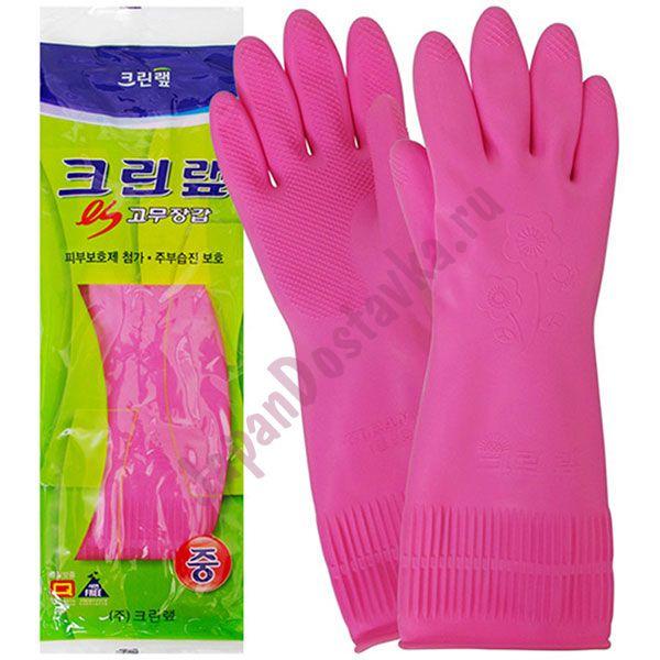 Перчатки из натурального латекса c внутренним покрытием (укороченные, розовые, размер М), CLEAN WRAP 1 пара