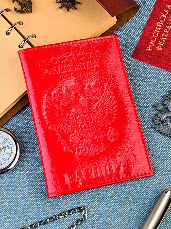 ПРИСТРОЙ!!!!   Обложка для паспорта из натуральной лаковой кожи с гербом РФ  Цвет красный