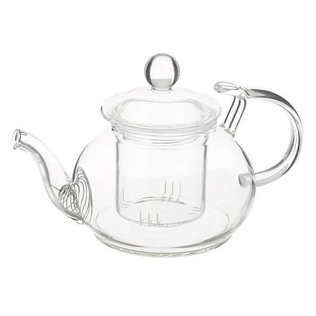 Заварочный чайник из жаропрочного стекла "Розмарин" с держателем для крышки, колбой и пружинкой-фильтром в носике, 450 мл, дно d90 мм