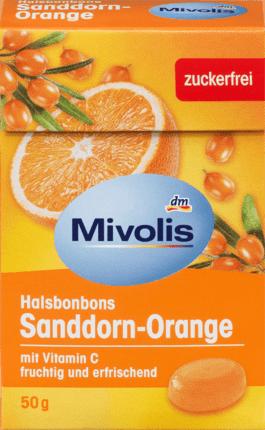 в  налиичии Mivolis Bonbon, Sanddorn-Orange, zuckerfrei Миволис пастилки от горла облепиха-апельсин с Витамином С и экстрактом 18 трав, без сахара, 50 г