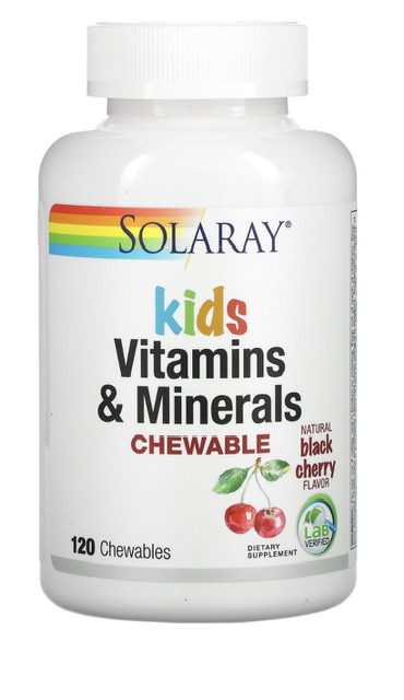 -20% Solaray, Витамины и минералы для детей, в форме жевательных таблеток, с натуральным вкусом ягод черемухи, 120 жевательных таблеток