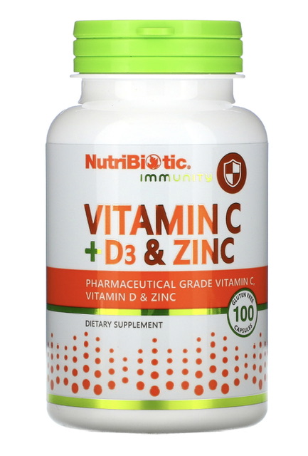-20% NutriBiotic, Immunity, витамины C + D3 и цинк, 100 капсул